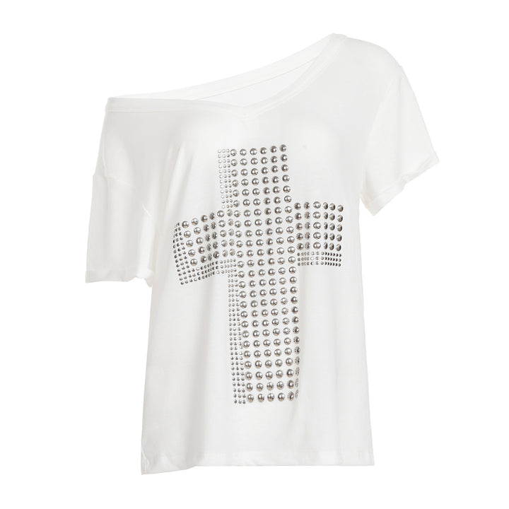 Damer V-hals T-shirt med stilfuldt nitte-dekor Skovae