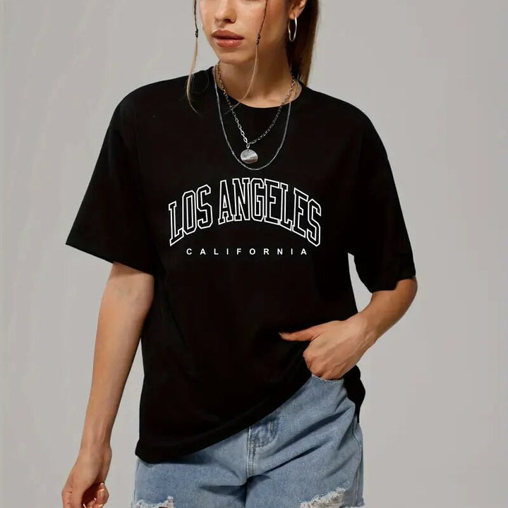 Dame Oversized T-shirt med urban Los Angeles print og afslappet snit Stilla