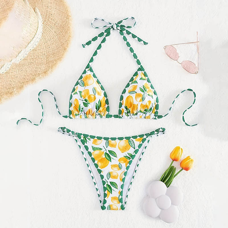 Dame triangel-bikini med muntert citronskære-mønster og justerbare stropper Stilla