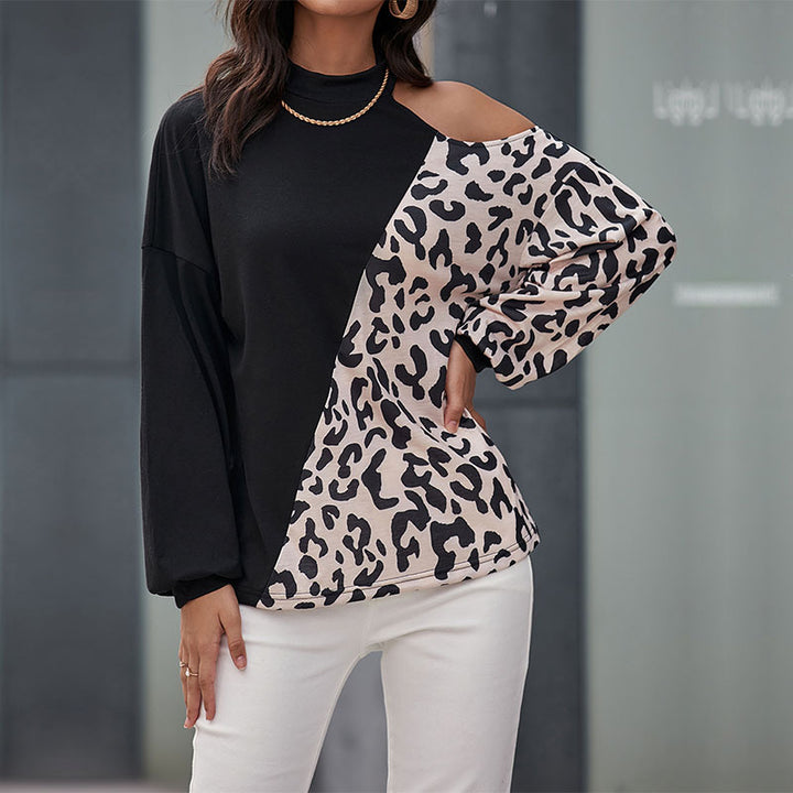 Kvindernes fashionable langærmet skjorte med leopardmønster og asymmetriske indlæg Stilla