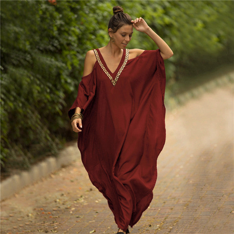 Dame Kaftan med dyb V-udskæring og elegante smykker detaljer Stilla