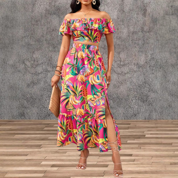 Dame Off-Shoulder Maxikjole med farverigt palmeprint Stilla