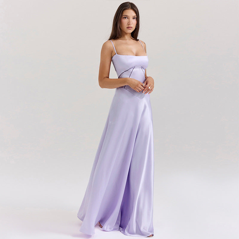 Kvinders elegante satin maxi kjole med slanke stropper og figursyget snit Stilla
