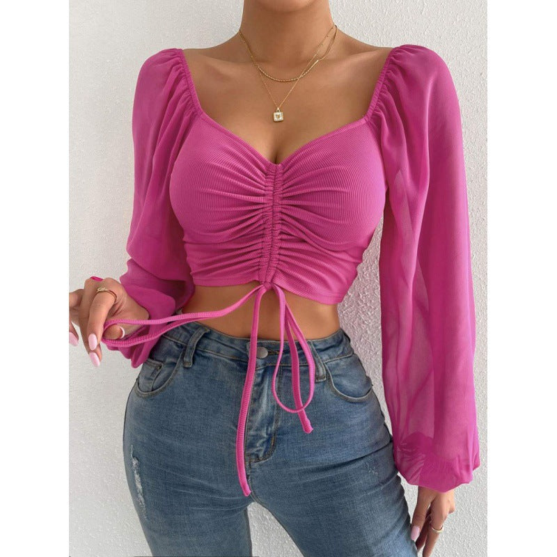 Dame Elegant Crop-top med puffede ærmer og snøremuligheder Stilla