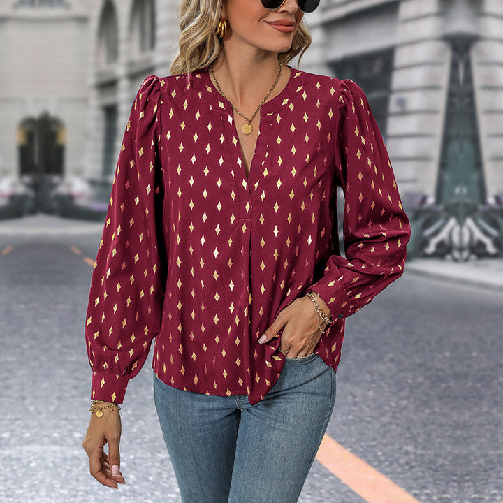 Dame elegant bluse med grafisk mønster og V-hals Stilla