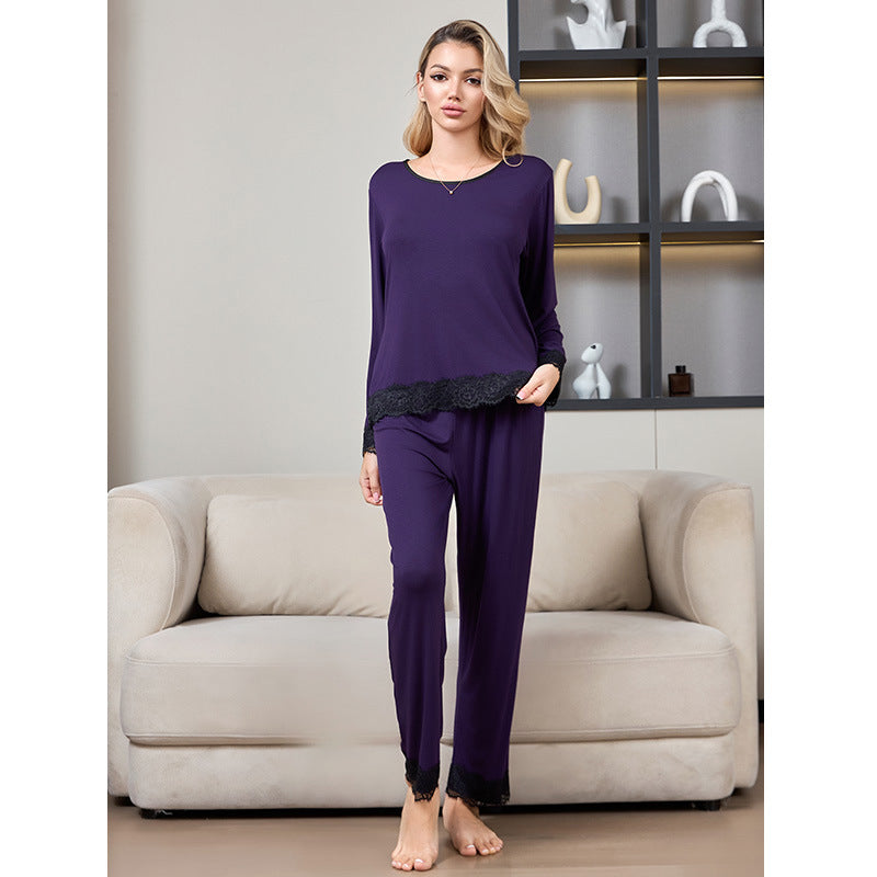 Dame Pyjama-sæt med elegant spidskant og langærmet top Stilla
