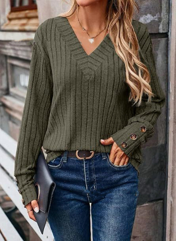 Dame strikpullover med V-hals og moderne ribstruktur Stilla