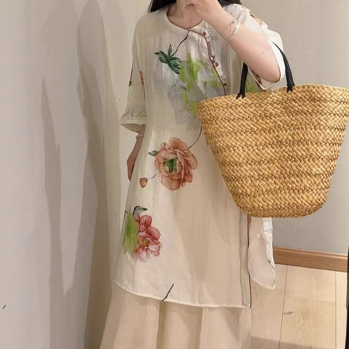 Dame Floral Broderet Linned Tunika Stilla