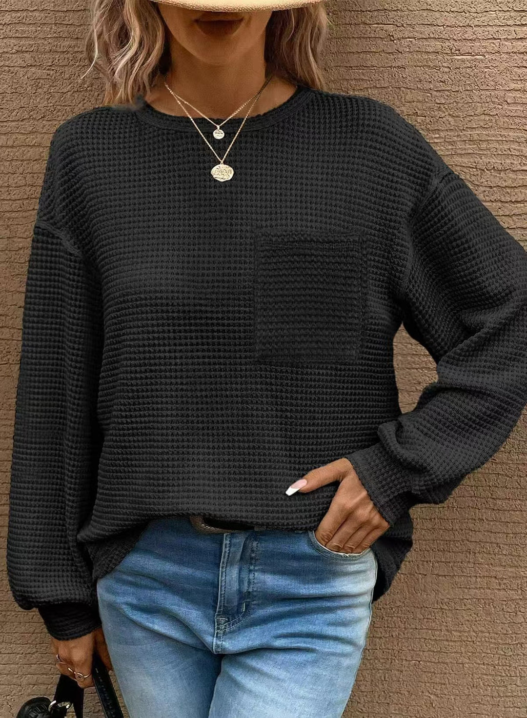 Dame afslappet Waffle-design sweatshirt med lommer Stilla