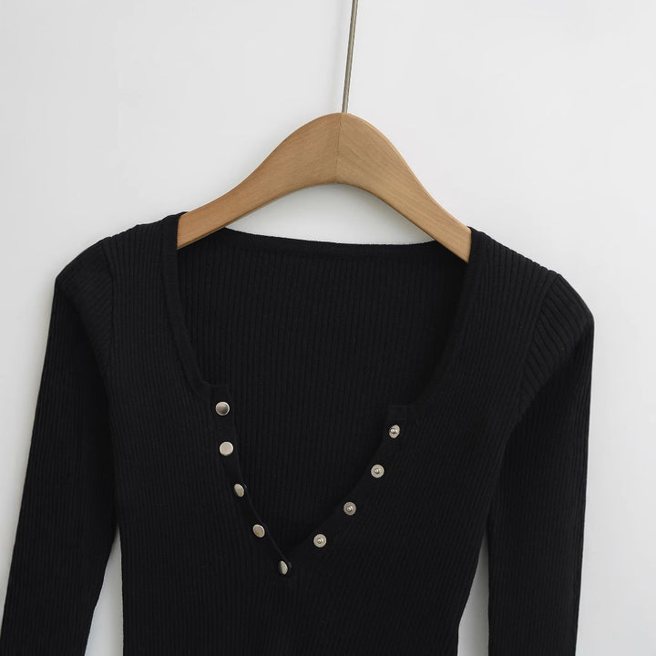 Dame Rib Langærmet Button-Up Top Stilla