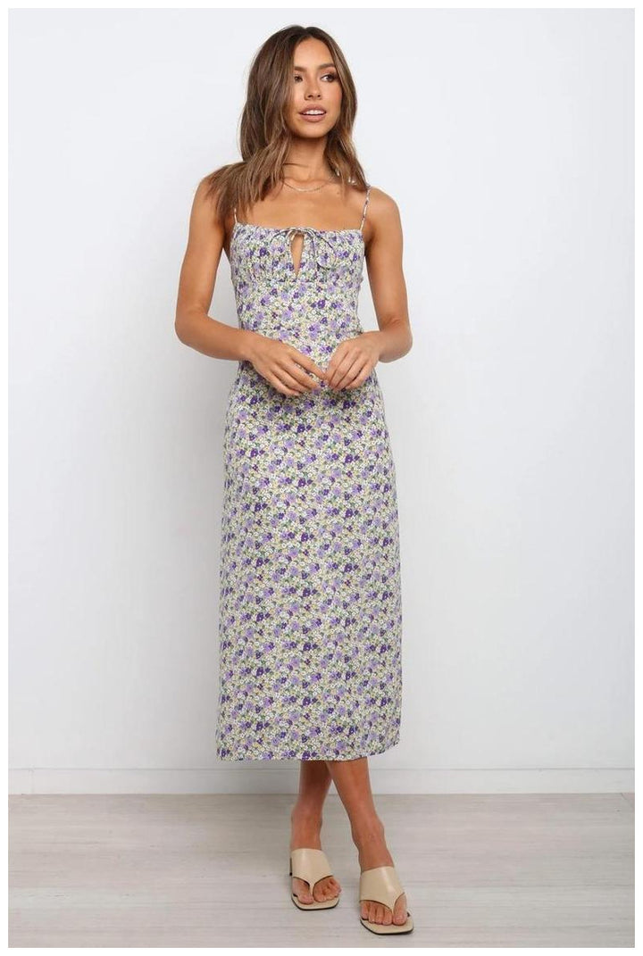 Dame Floral Print Maxi Kjole med justerbar bånd-detajle Stilla
