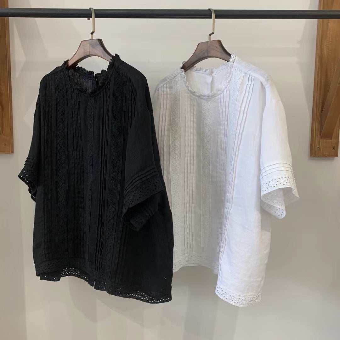 Femme Textured Kortærmet Bluse med Spidsekant Stilla