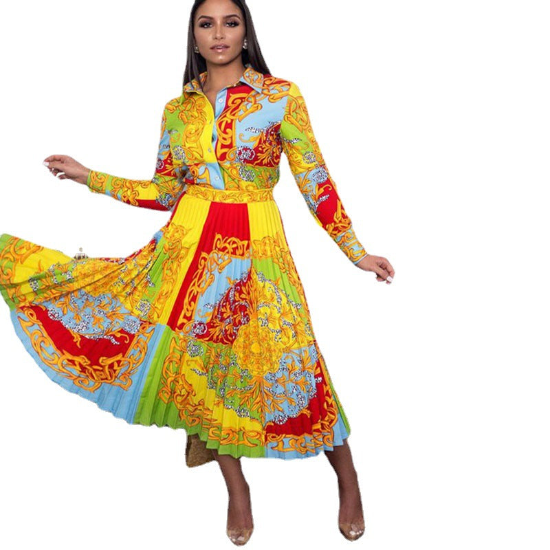 Dame Elegant lang Skjortekjole med farverig print og svajende skørt Stilla