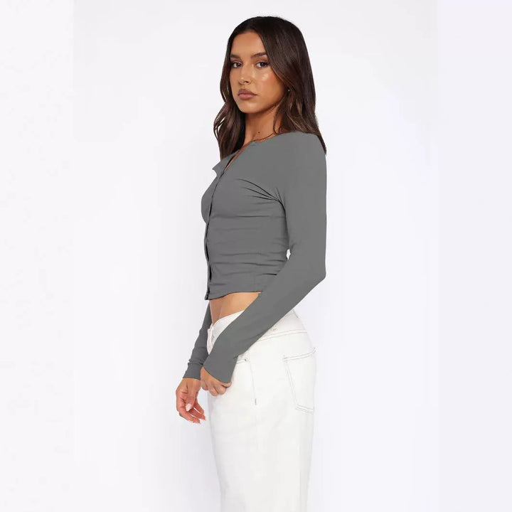 Dame langærmet knapdekoreret crop-top med raffineret krave Stilla