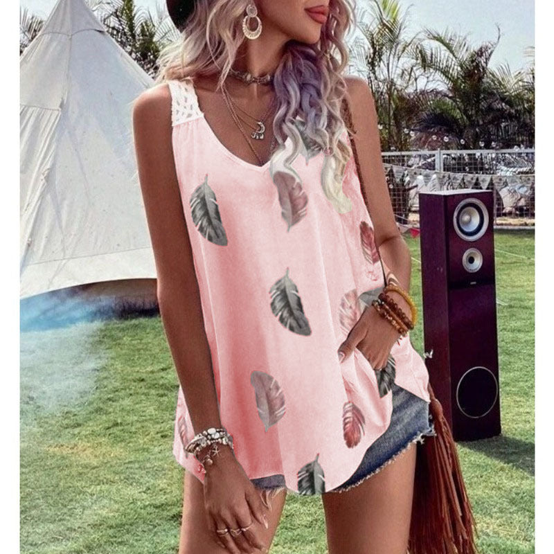 Dame Sommer Bluse med Bladdesign Stilla