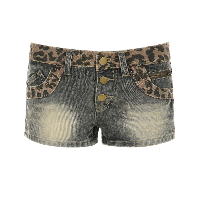 Dame leopardprint denimshorts med knapdetaljer og elastisk talje Skovae