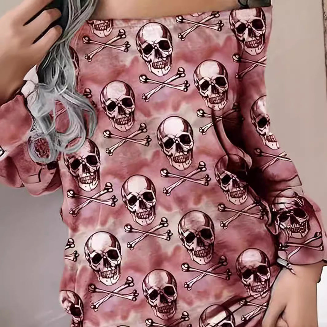 Dame Off-Shoulder Kjole med iøjnefaldende Dødningehoved-design og løs pasform Stilla