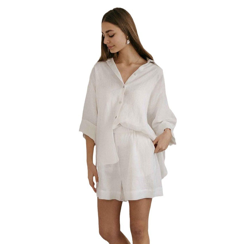 Dame Lækkert Linned Sæt med løs Bluse og Shorts Stilla