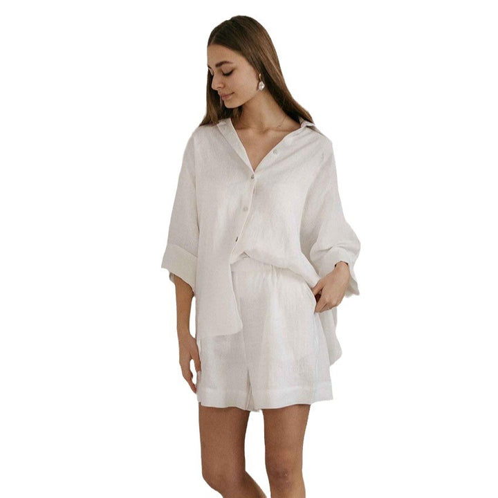 Dame Lækkert Linned Sæt med løs Bluse og Shorts Stilla