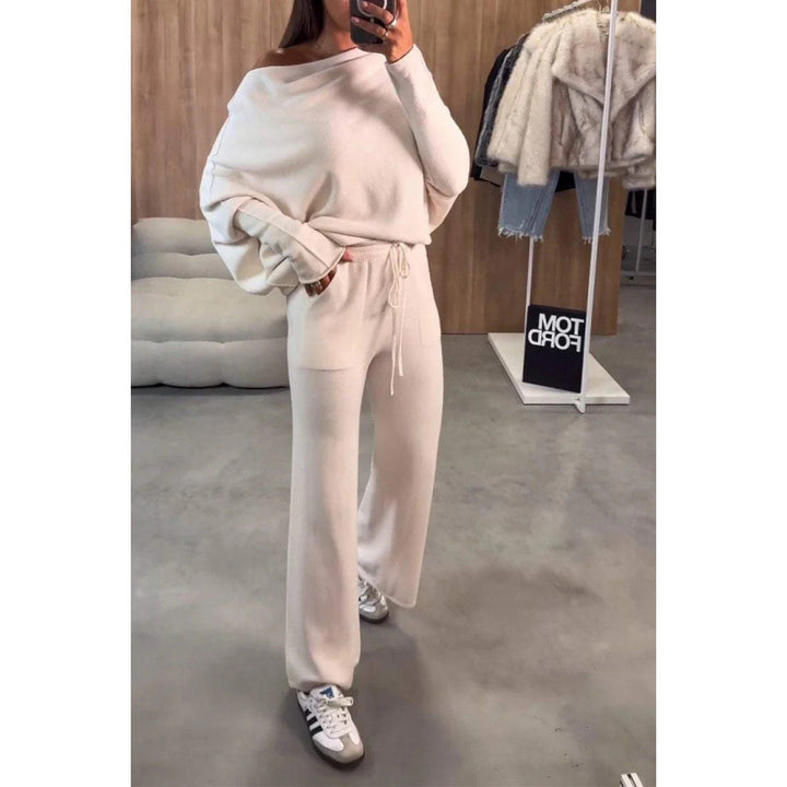 Dame afslappet strik-loungewear-sæt med bredt ben og åben skulder Stilla