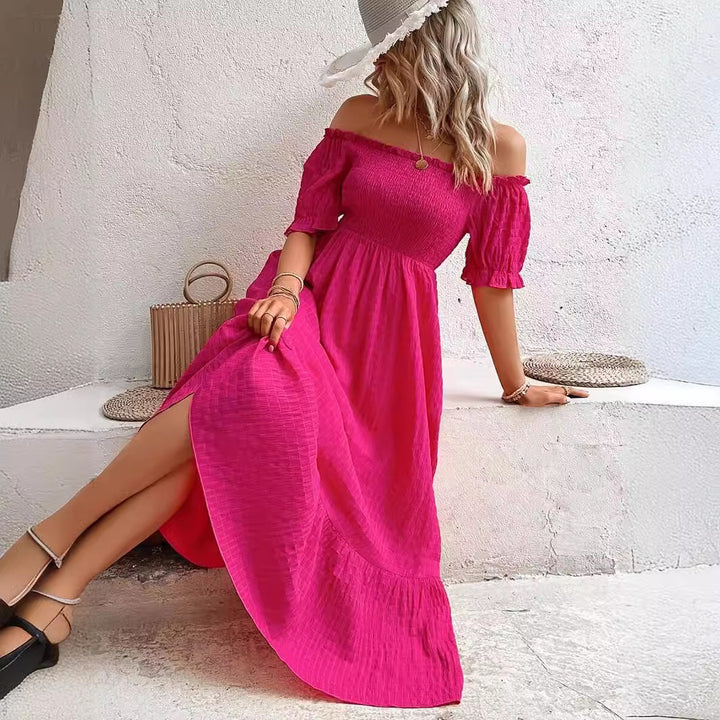 Dame Off-Shoulder Maxikjole med flæsedetaljer og elastisk taljebånd Stilla