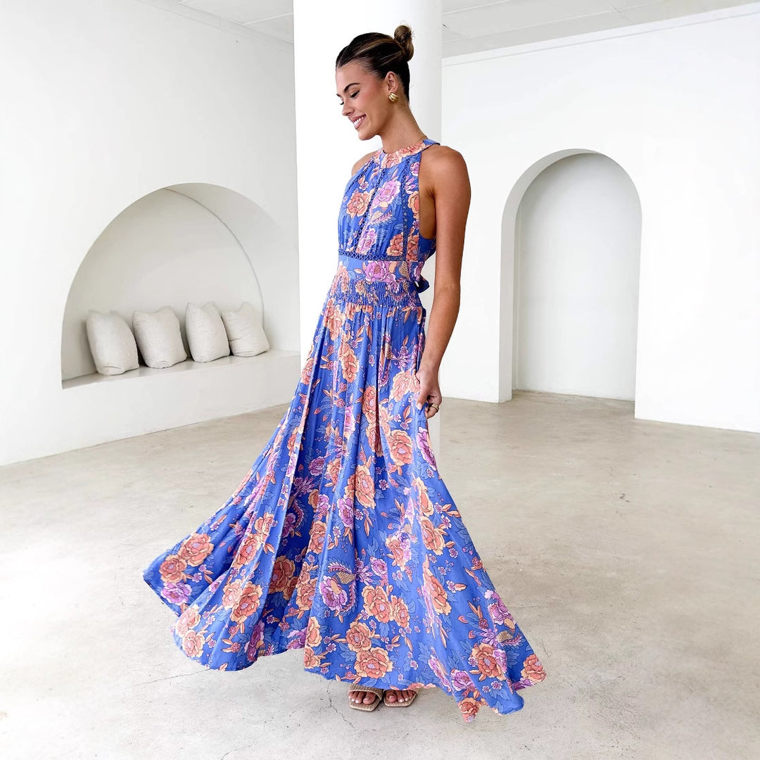 Kvinder maxi kjole med elegant blomsterprint og flydende skørt