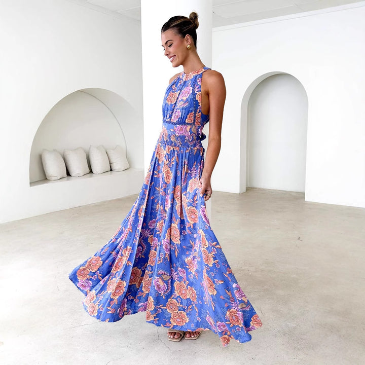 Kvinder maxi kjole med elegant blomsterprint og flydende skørt