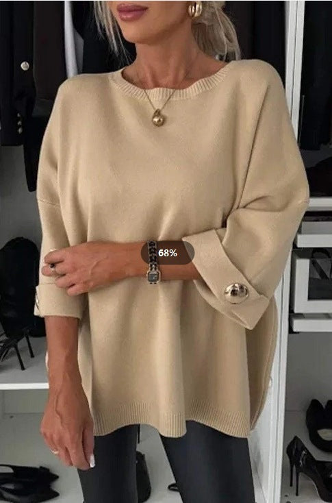 Kvinder Elegant Strik Sweater med Bred Skæring Ærmer og Knap Detaljer Stilla