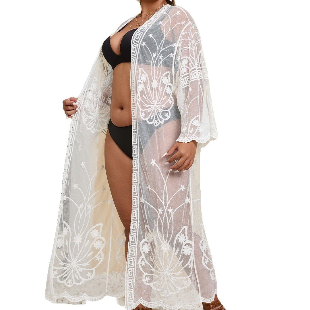 Dame gennemsigtig strandkimono med blomstret hæklemønster Stilla