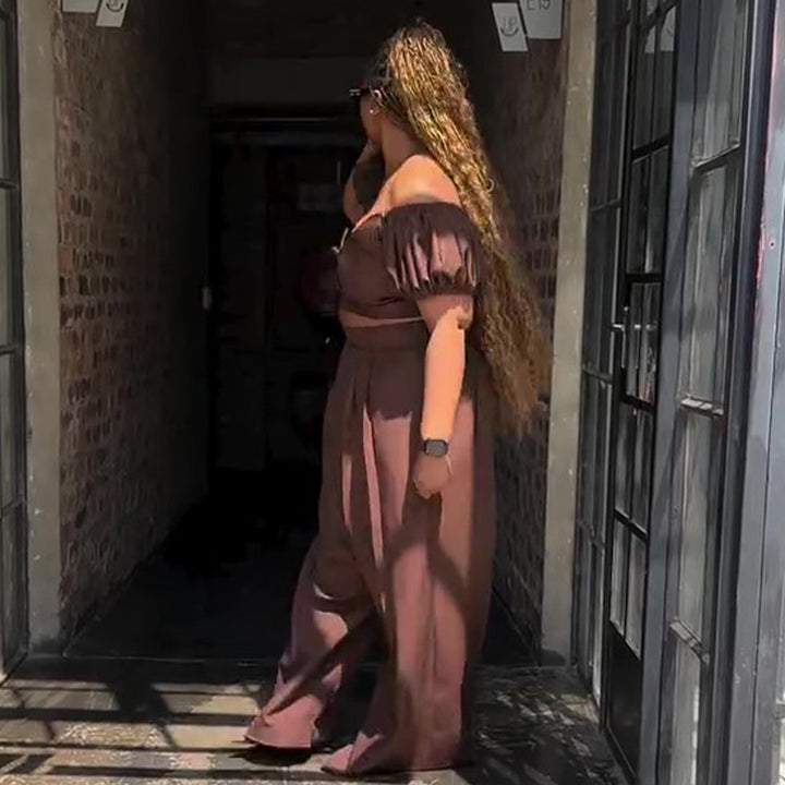Kvinders Crop Top og Palazzo Bukser Sæt med Voluminøse Ærmer og Elegante Plisseringer Skovae