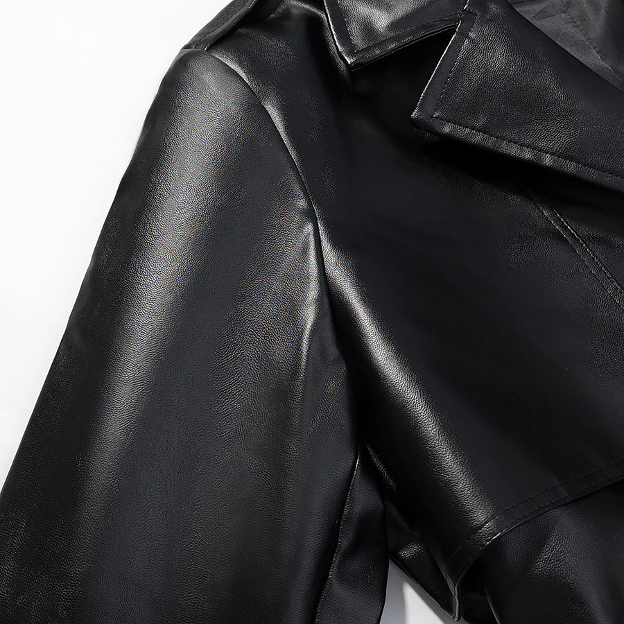 Damer Elegant Faux Læder Trench Coat med Stilfuld Bælte og Praktiske Lommer Stilla