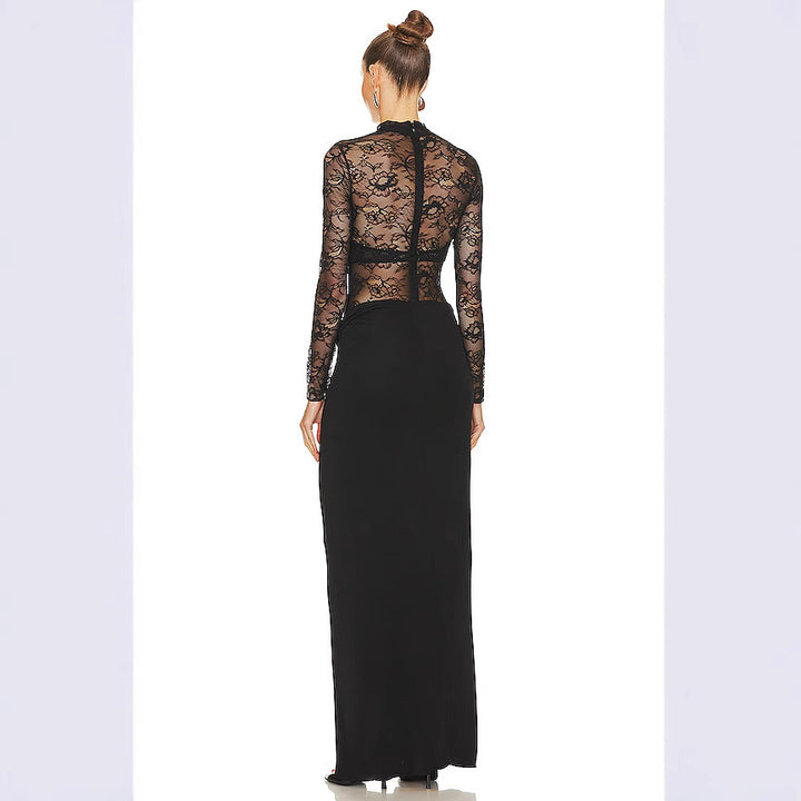 Dame Lang Spitze Kjole med transparente indsatser og elegant slids Skovae