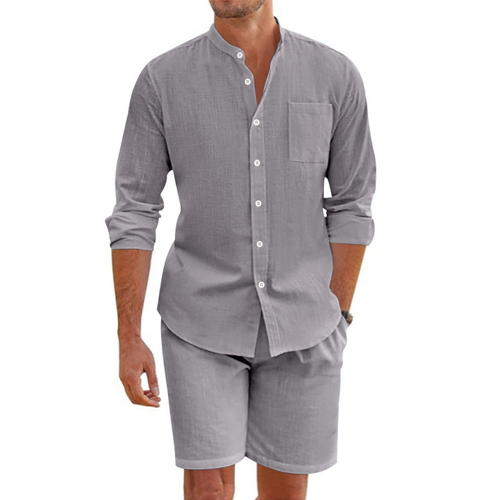 Herrernes Casual Skjorte og Shorts Sæt med åndbar Linnedstruktur Stilla
