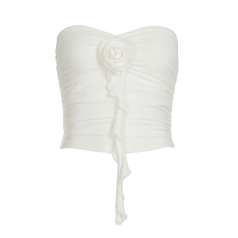 Damen bügelfreies Bustier-Oberteil mit dekorativer Raffung und Blütenapplikation Skovae