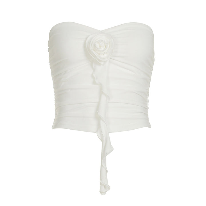 Damen bügelfreies Bustier-Oberteil mit dekorativer Raffung und Blütenapplikation Skovae
