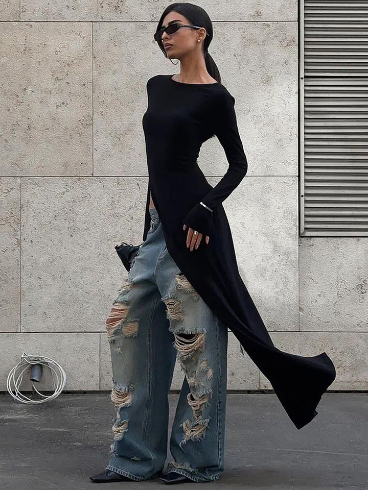 Dame elegant longsleeve overdel med sidelang split og vide ærmer Stilla