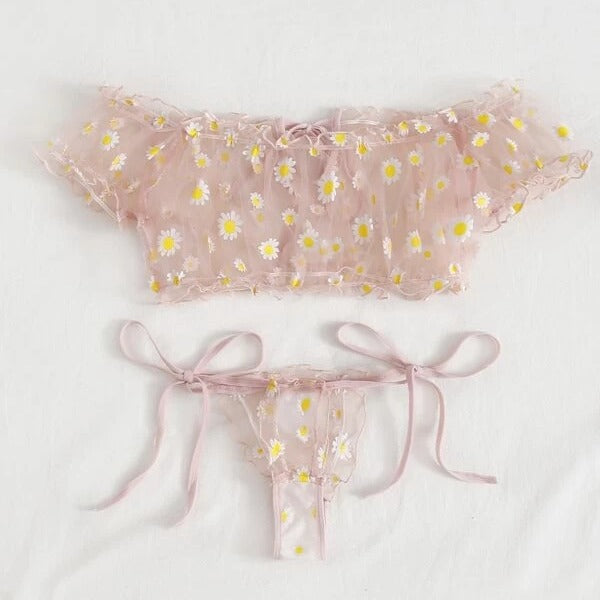 Dame Floral Broderet Crop-Top og Cheeky Brief-Sæt Stilla