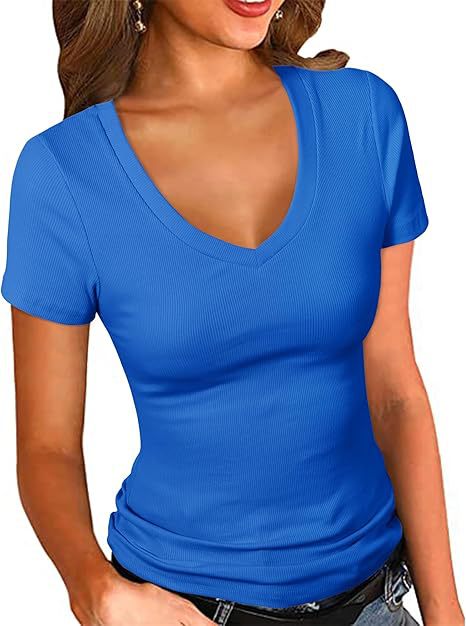 Dame V-hals T-shirt med struktureret overflade Stilla