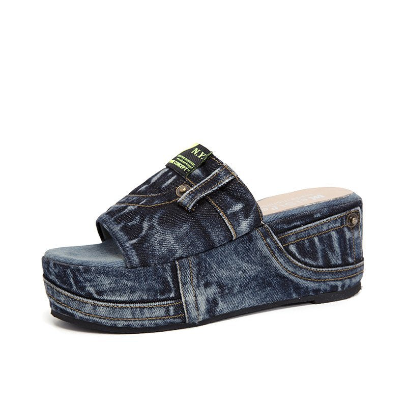 Dame nan Denim-Optik Plateau-Pantolette med åben tåparti og polstret fodseng Skovae