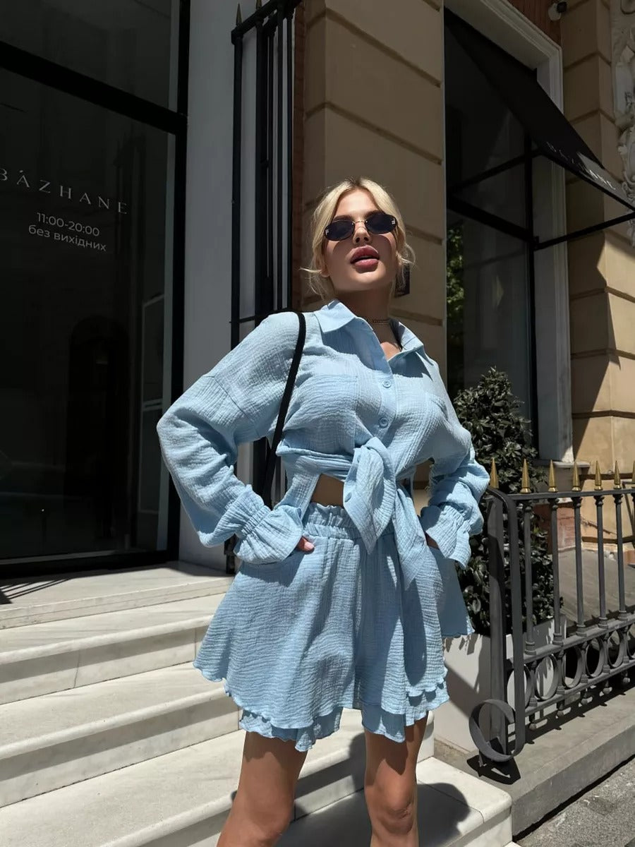 Dame Let sæt med knyttet bluse og shorts Stilla