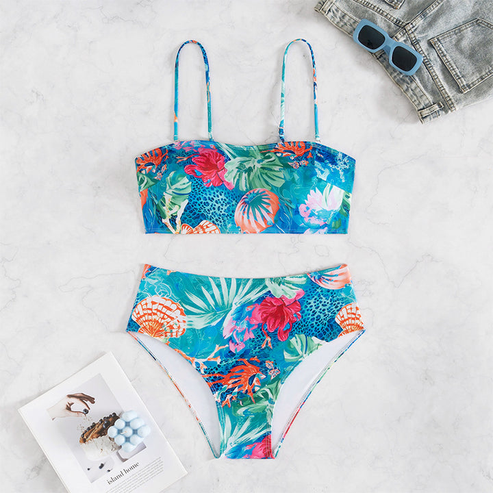 Dame Bikini-sæt med blomsterdesign og højtaljet snit Skovae