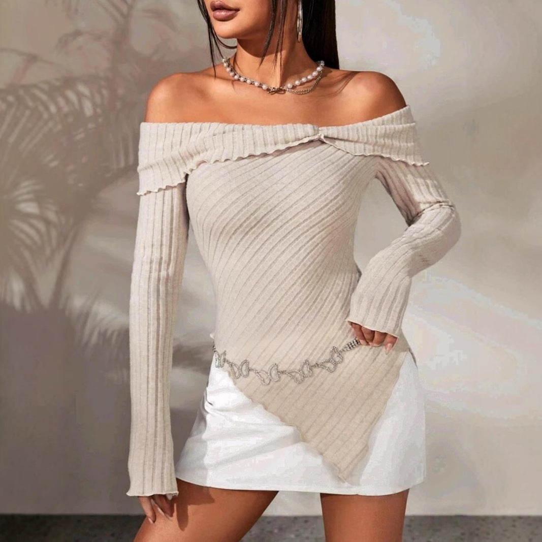 Dame Off-Shoulder Top med elegant ribdesign og asymmetrisk kant Stilla