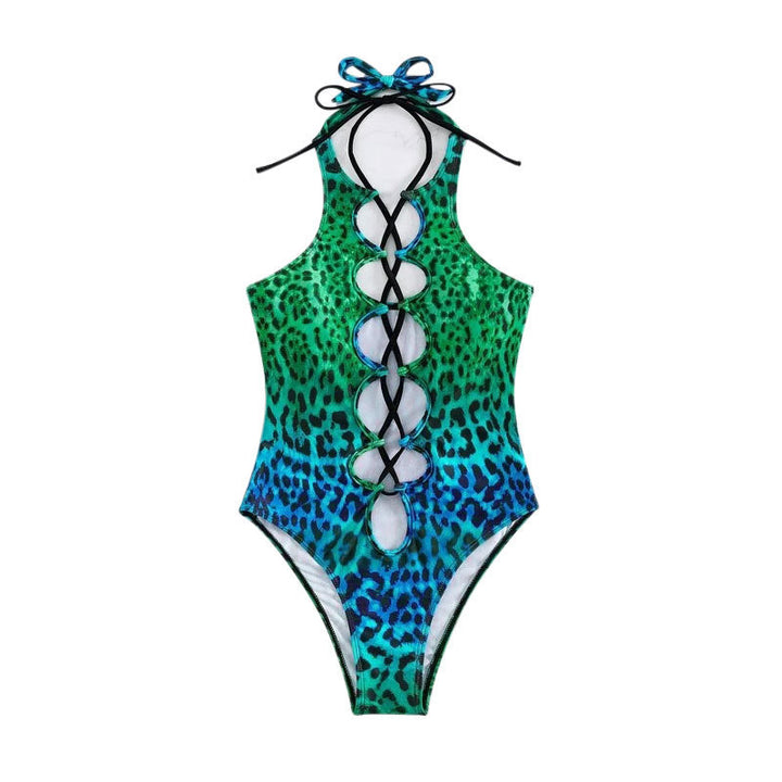 Dame one-piece badedragt med raffineret snørre-design og farverigt dyremotiv Skovae