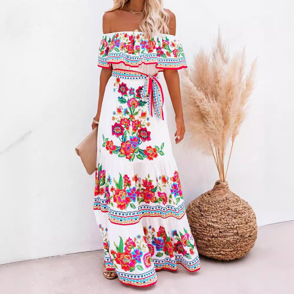 Dame Maxikjole med Off-Shoulder og blomster mønster Stilla