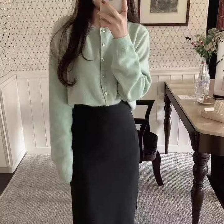 Kvinder Elegant Cardigan med Hjerteknapper og Fin Rib Struktur Stilla