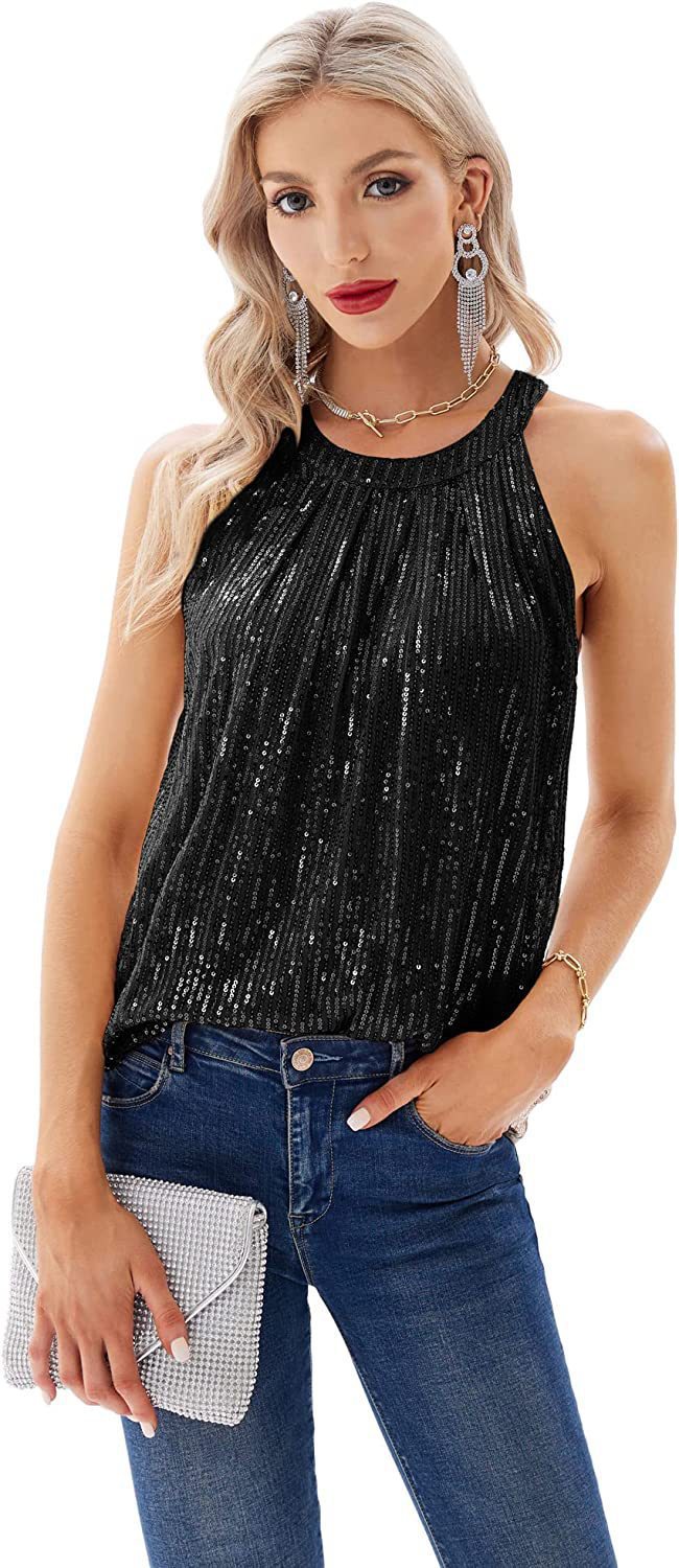 Dame Glitrende Halterneck top med skimrende design og dekorative folder Stilla