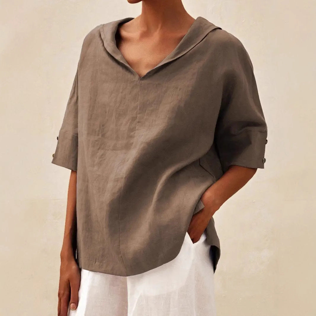 Dame afslappet linned blouse med hætte og korte ærmer Stilla