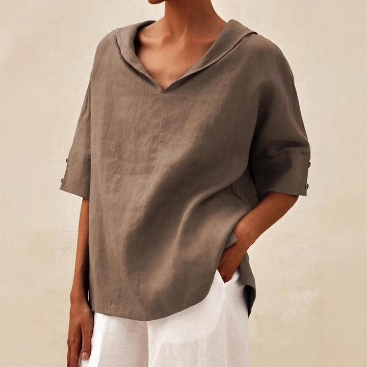 Dame afslappet linned blouse med hætte og korte ærmer Stilla
