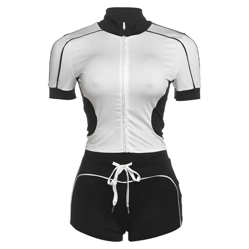 Dame Sporty Kortærmet Sæt med Lynlås og Shorts Skovae