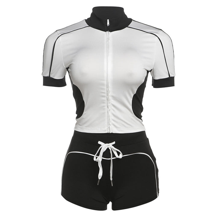 Dame Sporty Kortærmet Sæt med Lynlås og Shorts Skovae